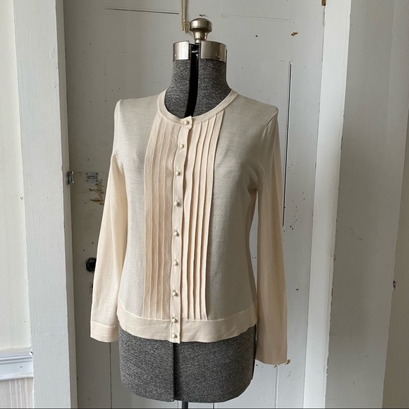 Talbots Cream Merino Wool Ruffle Cardigan Sweater - Picture 2 of 13